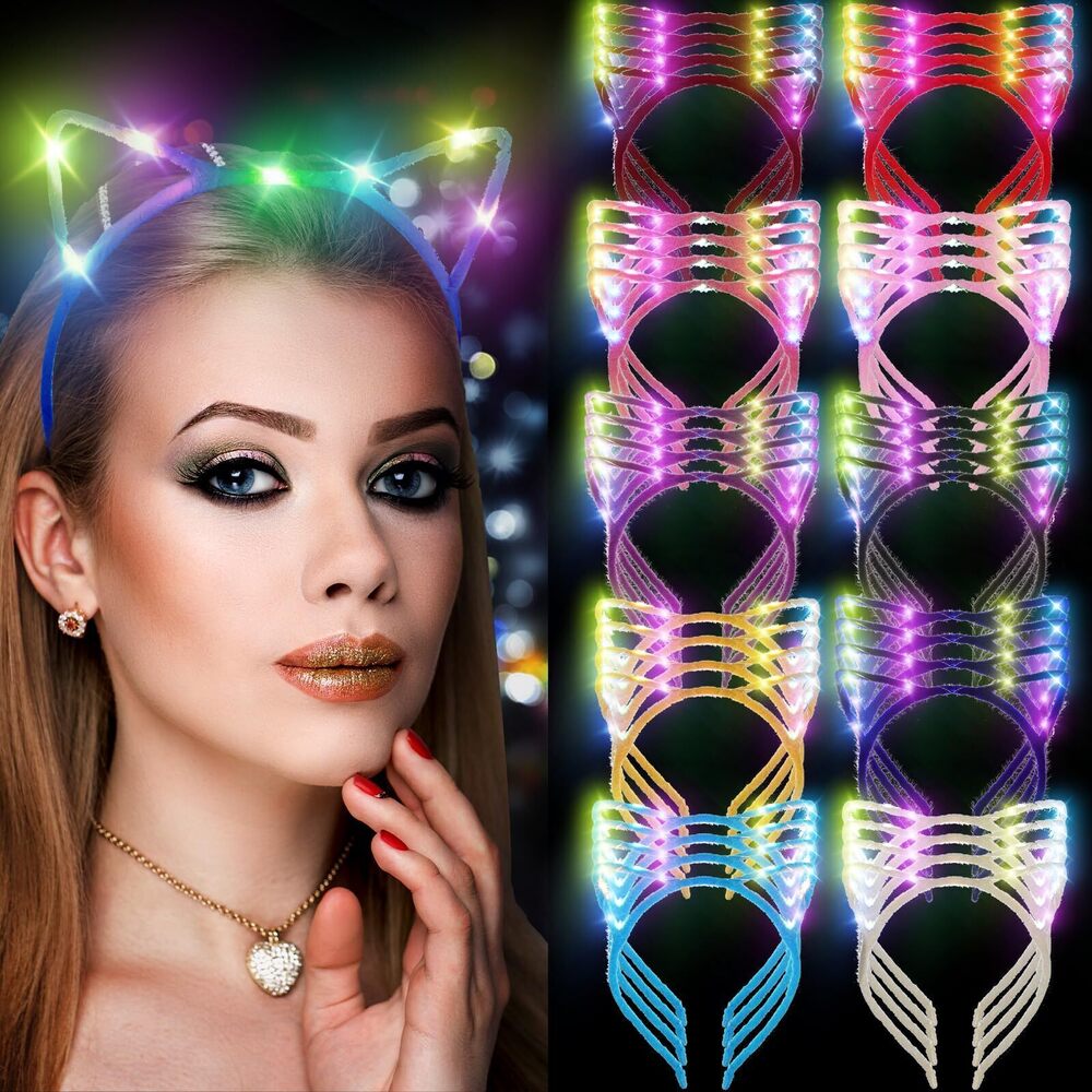8846 40 Pcs LED Cat Ears Headband Cute Glow Light up Cat Headband Kitty
